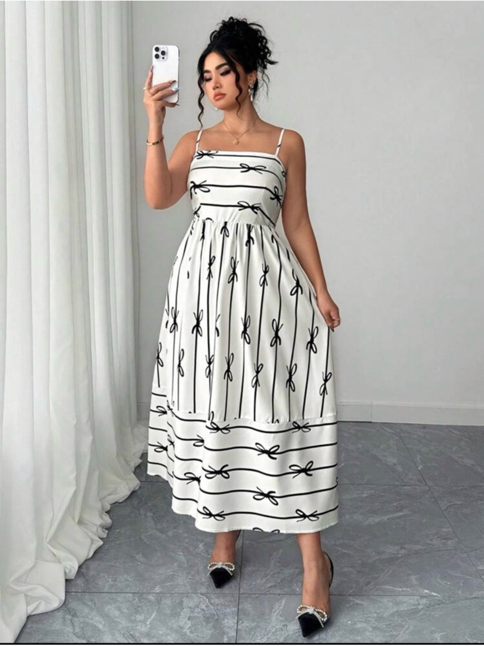 White Spaghetti-Strap Midi Dress with Black Bow Print